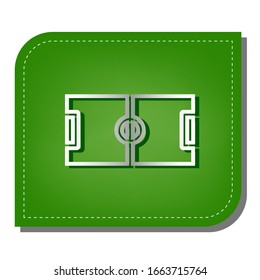 Soccer field. Silver gradient line icon with dark green shadow at ecological patched green leaf. Illustration.