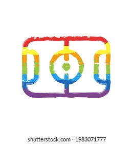 Soccer field, simple icon of football. Drawing sign with LGBT style, seven colors of rainbow (red, orange, yellow, green, blue, indigo, violet