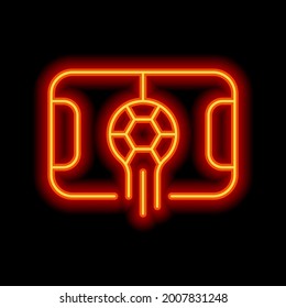 Soccer field, simple icon of football. Orange neon style on black background. Light linear icon with editable stroke