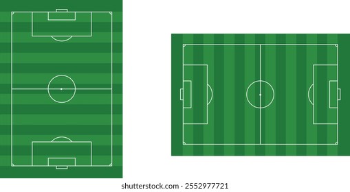 Campo de fútbol. Campo de fútbol deportivo. Estadio de fútbol vacío con césped verde. Campo de fútbol. Textura verde con rayas y líneas blancas. Esquina, penalti y centro. Partido de fútbol. Zona de juegos 