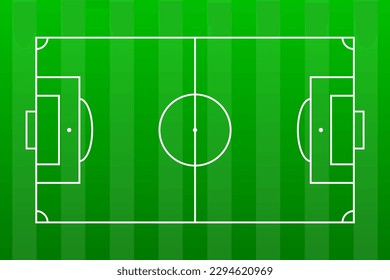 Soccer field. Stadium with green grass with stripes and white lines, corner, penalty, center. Plan of football area for training and championship. Vector illustration.