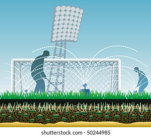 Soccer field stracture and caring of lawn. Goal detailed. Vector illustration.