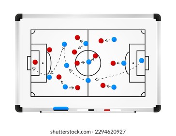 Campo de fútbol. Campo de estrategia de fútbol, juego táctico de fútbol dibujando en pizarra. Juego de fútbol dibujado a mano. Ilustración vectorial.