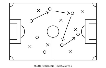 Soccer field strategy game plan. Diagram with arrows and players on board. Sport concept. Vector illustration