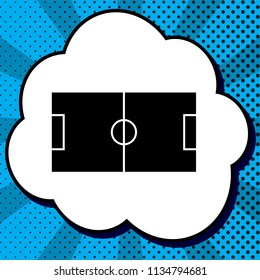 Soccer field. Vector. Black icon in bubble on blue pop-art background with rays.