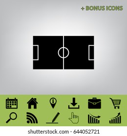 Soccer field. Vector. Black icon at gray background with bonus icons 