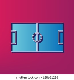 Soccer field. Vector. Blue 3d printed icon on magenta background.