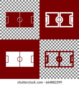 Soccer field. Vector. Bordo and white icons and line icons on chess board with transparent background.