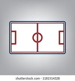 Soccer field. Vector. Dark red, transparent and midnight green stroke of white icon at grayish background.