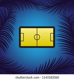 Soccer field. Vector. Golden icon with black contour at blue background with branches of palm trees.