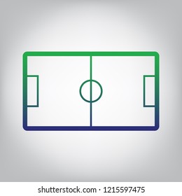 Soccer field. Vector. Green to blue gradient contour icon at grayish background with light in center.