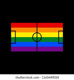 Soccer field. Vector. Icon with colors of LGBT flag at black background.