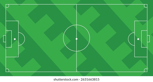 Soccer field vector illustration. Green grass pitch with white lines, goals, and corner markings for football games and competitions.