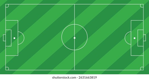 Soccer field vector illustration. Green grass pitch with white lines, goals, and corner markings for football games and competitions.