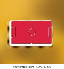 Soccer field. Vector. Magenta icon with darker shadow, white sticker and black pop art shadow on golden background.