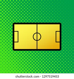 Soccer field. Vector. Pop art orange to yellow dots-gradient icon with black contour at greenish background.