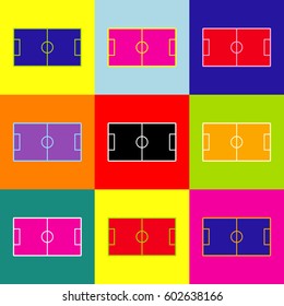 Soccer field. Vector. Pop-art style colorful icons set with 3 colors.
