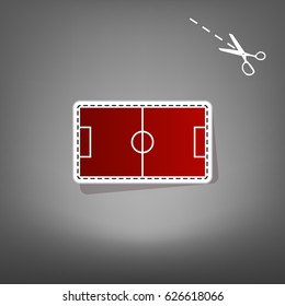 Soccer field. Vector. Red icon with for applique from paper with shadow on gray background with scissors.
