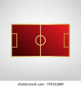 Soccer field. Vector. Red icon on gold sticker at light gray background.