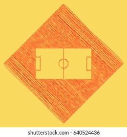 Soccer field. Vector. Red scribble icon obtained as a result of subtraction rhomb and path. Royal yellow background.