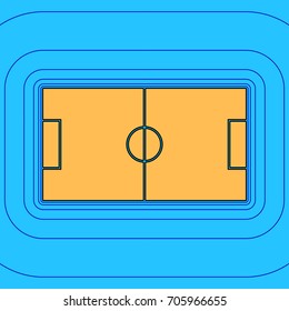 Soccer field. Vector. Sand color icon with black contour and equidistant blue contours like field at sky blue background. Like waves on map - island in ocean or sea.