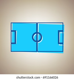 Soccer field. Vector. Sky blue icon with defected blue contour on beige background.