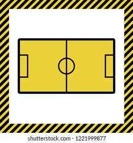 Soccer field. Vector. Warm yellow icon with black contour in frame named as under construction at white background. Isolated.