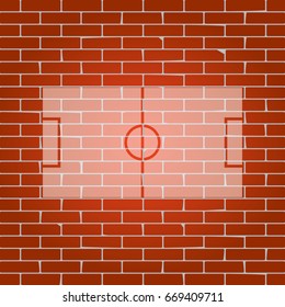 Soccer field. Vector. Whitish icon on brick wall as background.