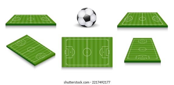 Soccer field views. Football match arena grounds top side front view group, sports yard land with sidelines, footballers stadium game surface vector illustration