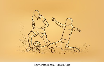 Soccer. fight for the ball. tackle. Vector retro illustration on old paper.