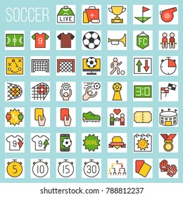 soccer filled icons, rules and elements, goal, match of the day, red card, referee, scoreboard, tournament, first aid, football field, arena, fan club, strategy, whistle, foal, stud shoes, timer