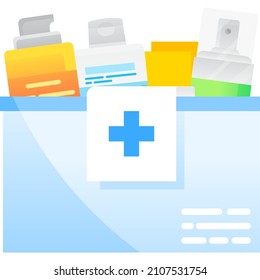 Vector del kit de primeros auxilios de fútbol. Bolso médico para ayuda de emergencia. Maleta con medicinas de asistencia y cuidado de futbolistas en el campo