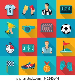 Soccer flat icons set with championship prize corner flag sport gloves isolated vector illustration