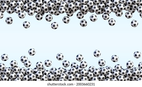 Soccer flying balls arranged in two lines. Many classic black and white football balls flying over blue background with empty space for your content. Realistic vector background