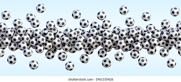 Soccer flying balls. Many classic black and white football balls flying over blue background. Realistic vector background