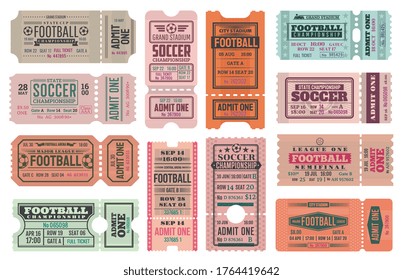 Soccer or football admit one ticket vector templates, sport championship match design. Soccer game league competition invite cards, access or pass coupons with balls, play field and goal gate