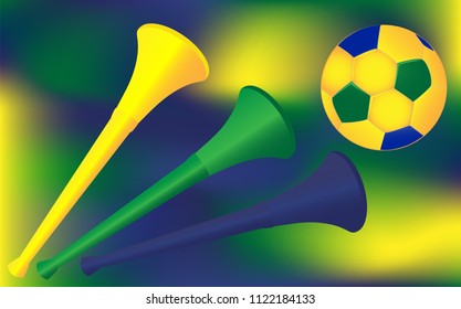 Soccer football backdrop vector. Trumpet horn and ball on gradient blur background. Brazil flag colors.