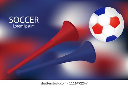 Soccer football backdrop vector. Vuvuzelas and ball on gradient blur background.