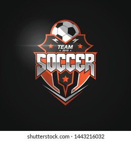 Soccer Football Badge Logo Black Orange Design Templates | Sport Team Identity Vector Illustrations isolated on Black Background