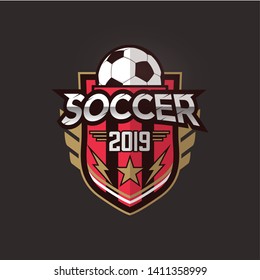 Soccer Football Badge red gold Logo Design Templates | Sport Team Identity Vector Illustrations isolated on dark Background