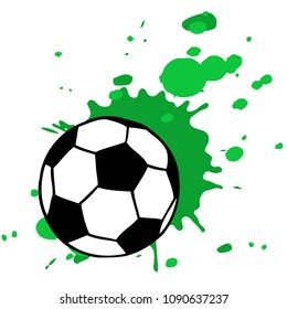 Soccer, football ball and artistic green splatter vector illustration isolated over white. Sport game equipment.