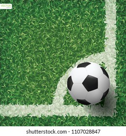 Soccer football ball in corner area of soccer field with green grass pattern texture background. Vector illustration.