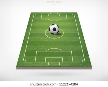 Soccer football ball in soccer field area and white background. Green grass of soccer field with pattern and texture in perspective views. Vector illustration.