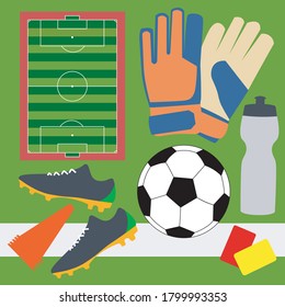 soccer football ball field concept  equipment set collection red card yellow green grass shoes goalkeeper gloves sport vector illustration 