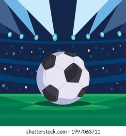Soccer and football ball at field landscape