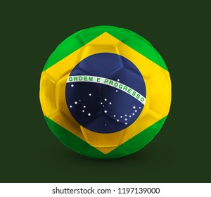 Soccer football ball with the flag of Brazil printed on it, isolated on dark background, vector illustration eps 10