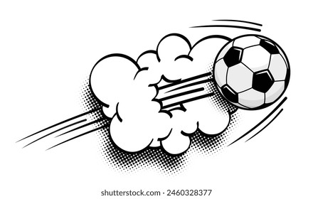 Soccer football ball fly at high speed and breaks through the cloud. Vector on transparent background in comic style 
