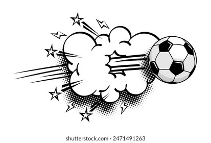 La pelota de fútbol vuela a alta velocidad y se rompe a través de la nube. Vector sobre fondo transparente en estilo cómico 