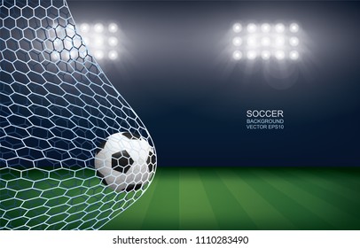 Soccer football ball in soccer goal with soccer field stadium background. Vector illustration.