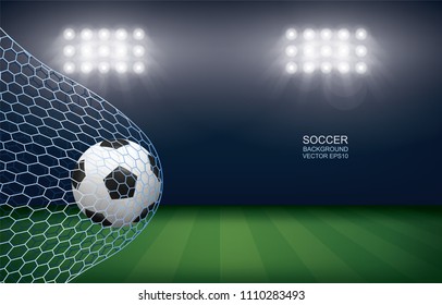 Soccer football ball in soccer goal with soccer field stadium background. Vector illustration.